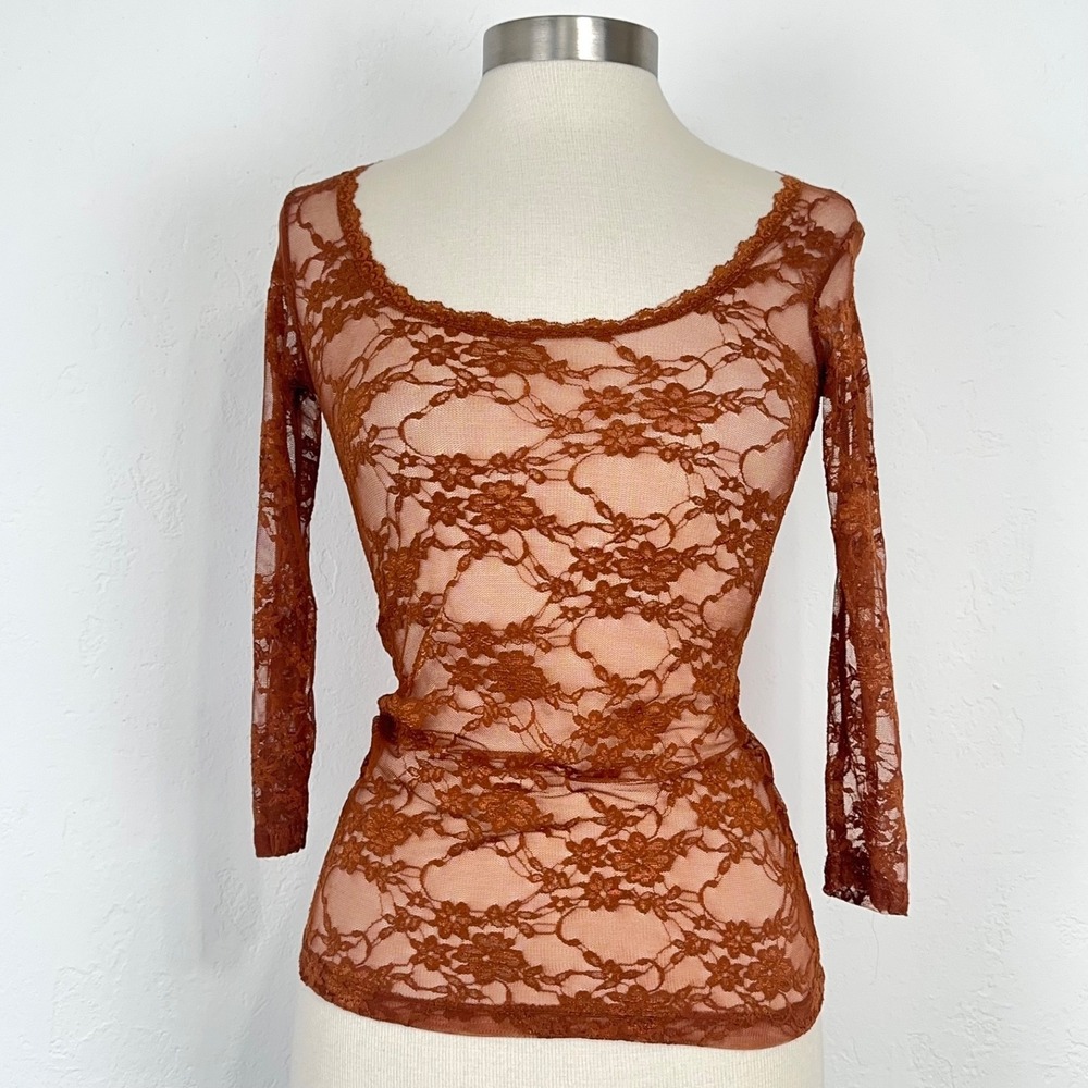 Whimsigoth Fairy Grunge Lace Top Sz XS Layer Floral Sheer Feminine Rust Brown